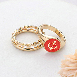 2PCS - Anchor Accented Enamel Round Split Metal Mixed Ring Set