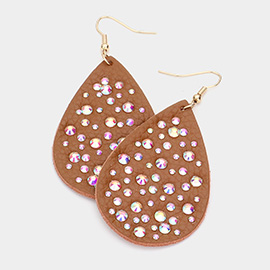 Stone Embellished Genuine Leather Teardrop Dangle Earrings