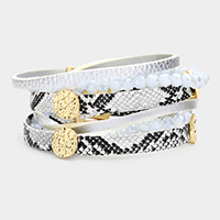 Snake Skin Faux Leather Faceted Beaded Magnetic Bracelet