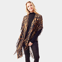 Mixed Animal Printed Gold Foil Accented Ruana Poncho