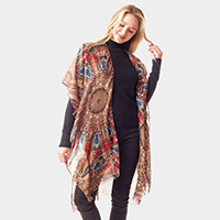 Peacock Feather Printed Ruana Poncho