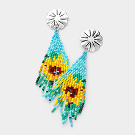 Flower Accented Seed Beaded Fringe Earrings