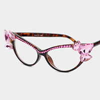 Crystal Embellished Cat Eye Clear Lens Sunglasses