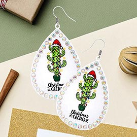 Christmas Cactus Message Stone Trimmed Metal Teardrop Dangle Earrings