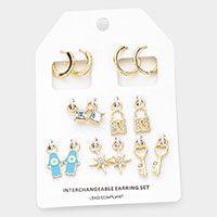 Stone Embellished Lock Key North Star Enamel Hamsa Hand Interchangeable Earring Set