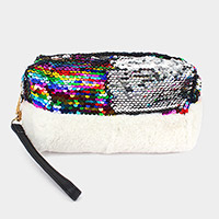 Reversible Sequin Soft Fur Wristlet Pouch Bag