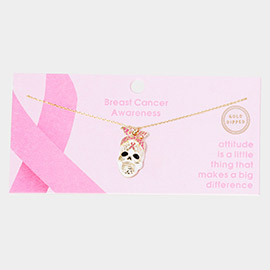 Gold Dipped Enamel Pink Ribbon Skull Pendant Necklace