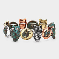 Stone Embellished Metal Owl Stretch Bracelet