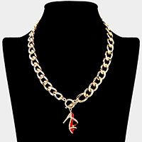 Rhinestone Embellished Enamel Stiletto Heel Pendant Toggle Necklace