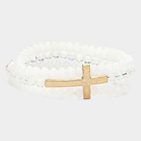 Metal Cross Accented Faceted Beaded Stretch Bracelet