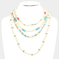 Multi Layered Wood Heishi Beaded Bib Necklace