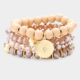 4PCS - North Star Accented Round Charm Wood Faceted Beaded Stretch Bracelets