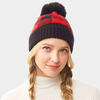 Buffalo Check Knit Pom Pom Beanie Hat