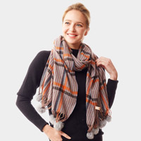 Plaid Check Patterned Pom Pom Oblong Scarf