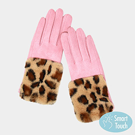 Leopard Patterned Faux Fur Cuff Accented Soft Suede Smart Gloves