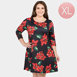 Christmas Poinsettia Flower Patterned A-Line Dress