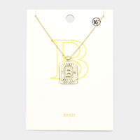 -B- Brass Metal Rectangle Monogram Pendant Necklace