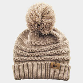 Cable Knit Ribbed Chunk Pom Pom Beanie Hat