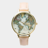 Map Printed Round Dial Faux Leather Band Watch