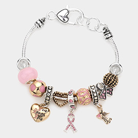 Pink Ribbon Angel Heart Multi Bead Charm Bracelet