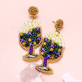 Mardi Gras Felt Back Pearl Round Stone Cluster Champagne Dangle Earrings