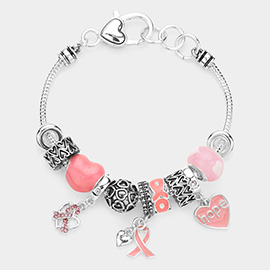 Pink Ribbon Heart Hope Message Multi Bead Charm Bracelet