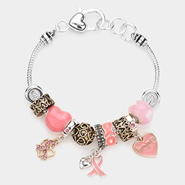 Pink Ribbon Heart Hope Message Multi Bead Charm Bracelet