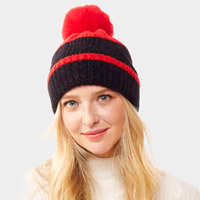 Colorful Lurex Accented Two Tone Knit Pom Pom Beanie Hat