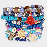 10PCS - Sun Coin Tassel Charm Multi Beaded Stretch Bracelets