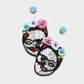 Triple Flower Sequin Seed Beaded Skull Dangle Earrings