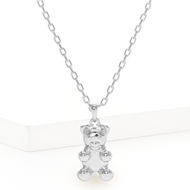 White Gold Dipped Metal Bear Pendant Necklace