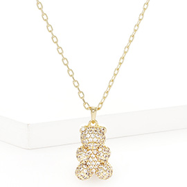 Gold Dipped CZ Embellished Metal Bear Pendant Necklace