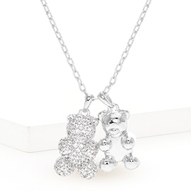 White Gold Dipped CZ Embellished Double Metal Bear Pendant Necklace