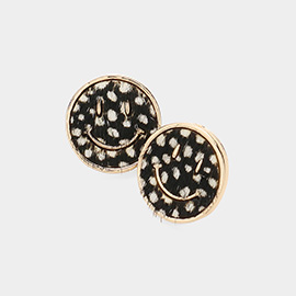 Smile Cheetah Patterned Genuine Leather Round Stud Earrings