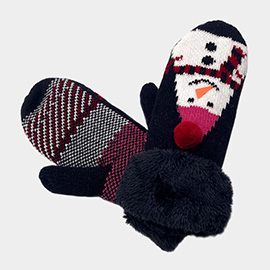 Snowman Printed Faux Fur Mitten Gloves