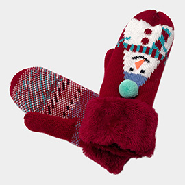 Snowman Printed Faux Fur Mitten Gloves