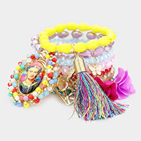 7PCS - Frida Kahlo Heart Butterfly Tassel Charm Faceted Beaded Stretch Bracelets