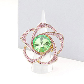 Round Stone Centered Rhinestone Flower Stretch Ring