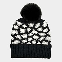 Leopard Patterned Faux Fur Pom Pom Ribbed Beanie Hat