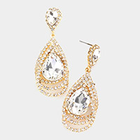 Teardrop Centered Rhinestone Trimmed Dangle Evening Earrings