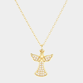 Gold Dipped CZ Embellished Metal Angel Pendant Necklace