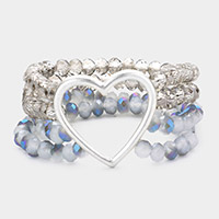 Open Metal Heart Accented Multi Layered Faceted Beaded Stretch Bracelet