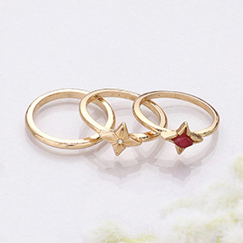 3PCS - Semi Precious Rhinestone Embellished Metal Band Mixed Rings