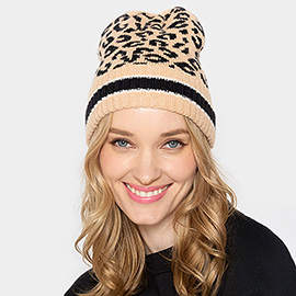 Leopard Patterned Striped Cuff Knit Beanie Hat