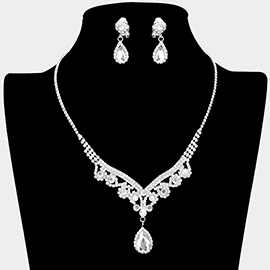 Teardrop Stone Accented Rhinestone Necklace Clip on Earring Set