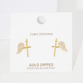 Gold Dipped CZ Stone Paved Wing Metal Cross Stud Earrings