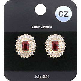 CZ Emerald Cut Stone Centered Evening Stud Earrings