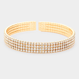 Brass Metal 4Rows Rhinestone Cuff Bracelet