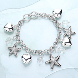 Rhinestone Embellished Starfish Metal Heart Charm Station Toggle Bracelet