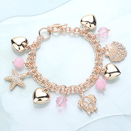 Rhinestone Embellished Starfish Turtle Shell Metal Heart Charm Station Toggle Bracelet